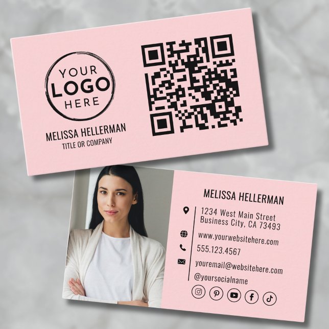 Rosa QR-kod Modern Professionell Fotologo Visitkort (Blush Pink QR Code Modern Professional Photo Logo Business Card)
