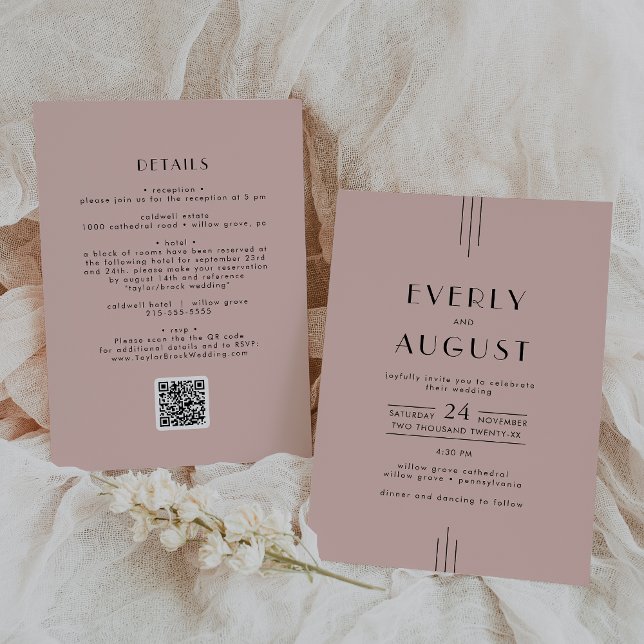 Rosa QR-koden Bröllop Inbjudningar (EVERLY Retro Art Deco Blush Pink QR Code Wedding Invitation)