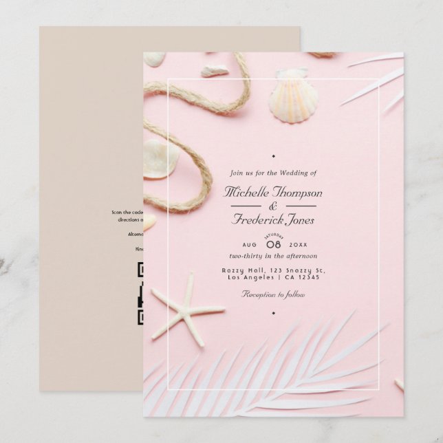  Rosa QR OSA Beach Wedding Inbjudningar (Fram/baksida)
