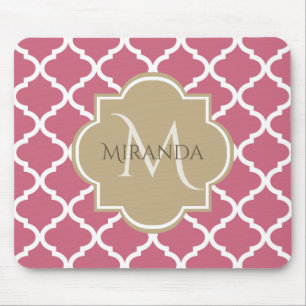 Rosa Quatrefoil med Girly Monogram och Namn Musmatta