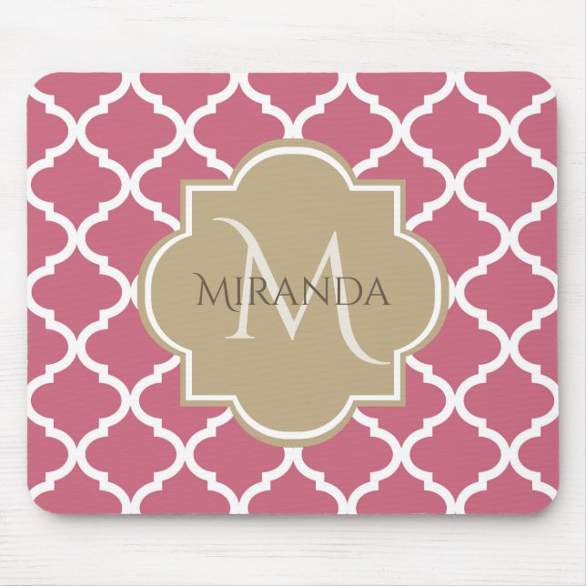 Rosa Quatrefoil med Girly Monogram och Namn Musmatta (Framsidan)