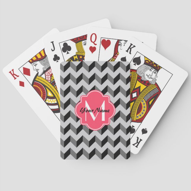 Rosa Quatrefoil Monogram Black och Grått Chevron Casinokort (Baksidan)