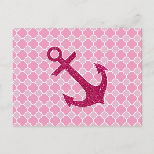 Rosa Quatrefoil Mönster Glitter Sparkles Anchor Vykort (Framsida)