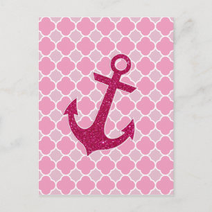 Rosa Quatrefoil Mönster Glitter Sparkles Anchor Vykort