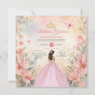 Rosa Quinceañera 15 Anos Flowers Guld Glitter Inbjudningar