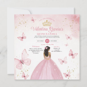 Rosa Quinceañera 15 Anos Flowers Guld Glitter Invi Inbjudningar