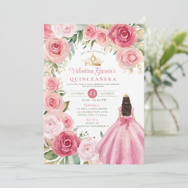  Rosa Quinceañera 15 Anos Flowers Guld Inbjudningar (Stående Fram)