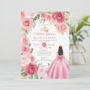 Rosa Quinceañera 15 Anos Flowers Guld Inbjudningar