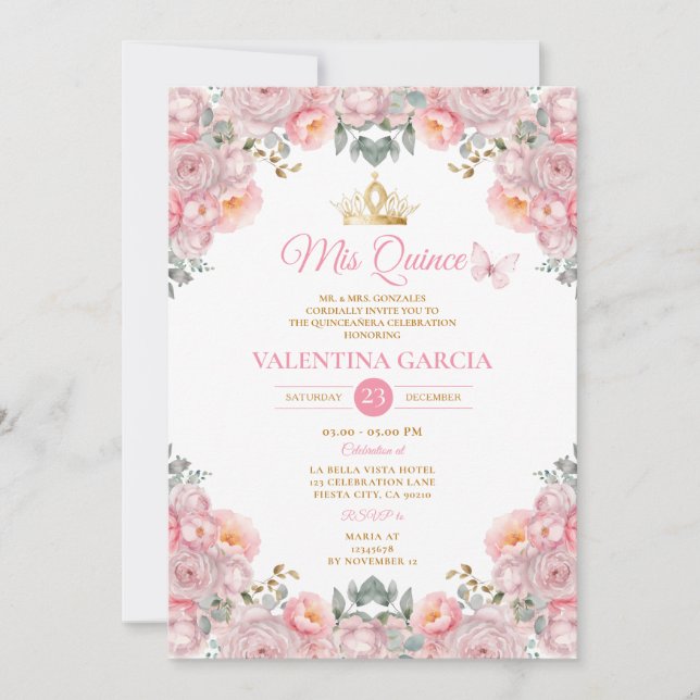 Rosa Quinceañera 15 Anos Flowers Guld Krona Inbjudningar (Framsida)