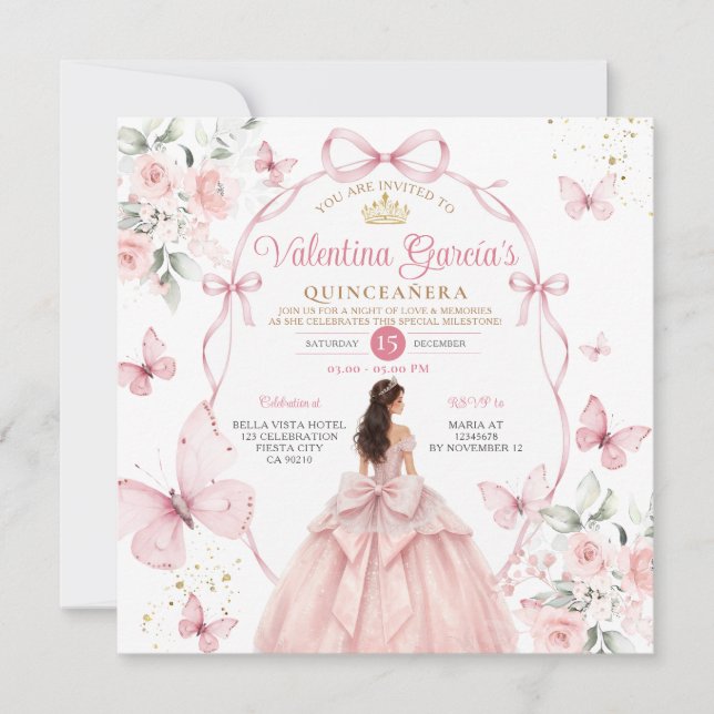 Rosa Quinceañera 15 År Fjärilar Inbjudningar (Framsida)