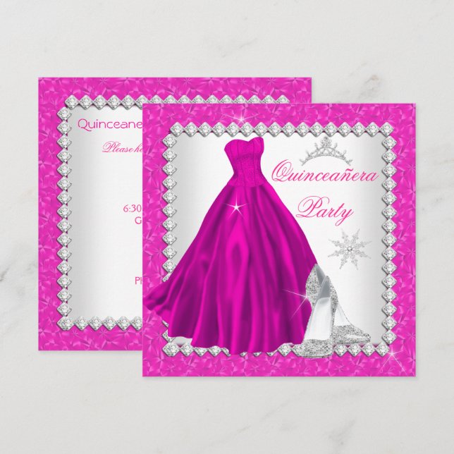Rosa Quinceanera 15-års Diamant Födelsedagsfest Inbjudningar (Fram/baksida)