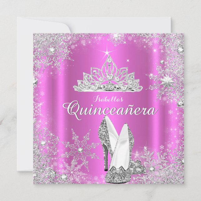 Rosa Quinceanera 15-års silvertiara födelsedagsfes Inbjudningar (Framsida)