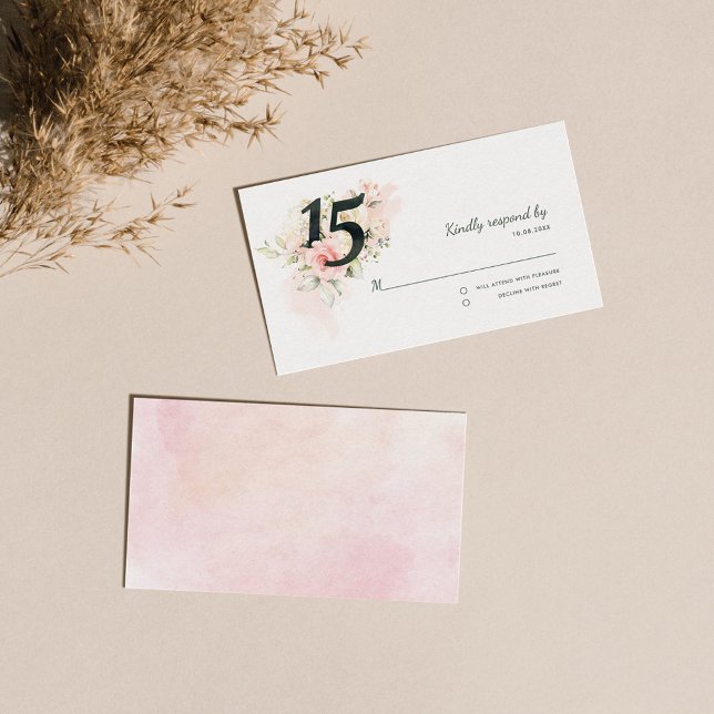 Rosa Quinceanera 15:e födelsedag Blommigt Tilläggskort (15th Birthday Party Invitation RSVP Mini Card)