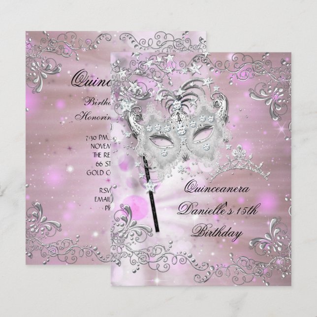 Rosa Quinceanera 15:e födelsedagen Tiara Masquuppa Inbjudningar (Fram/baksida)