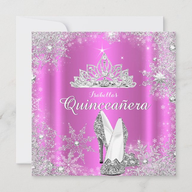 Rosa Quinceanera 15:e Silver Tiara-Födelsedagsfest Inbjudningar (Framsida)