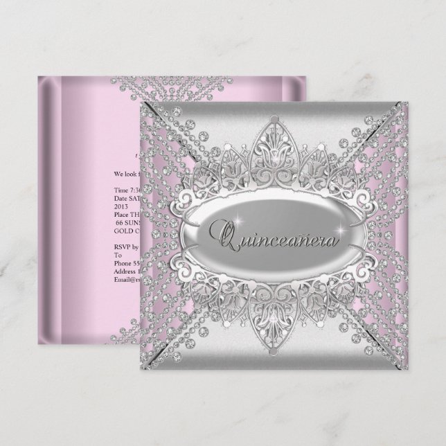 Rosa Quinceanera 15 Födelsedagsfest Vita Diamanter Inbjudningar (Fram/baksida)
