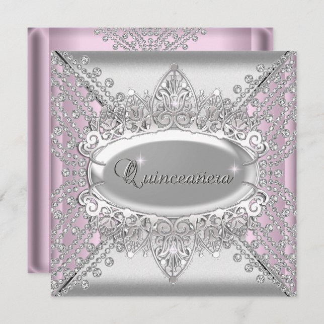 Rosa Quinceanera 15 Födelsedagsfester Vita diamant Inbjudningar (Fram/baksida)