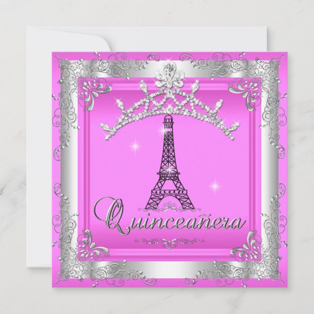 Rosa Quinceanera 15 Silver Tiara Eiffel Torn Inbjudningar (Framsida)