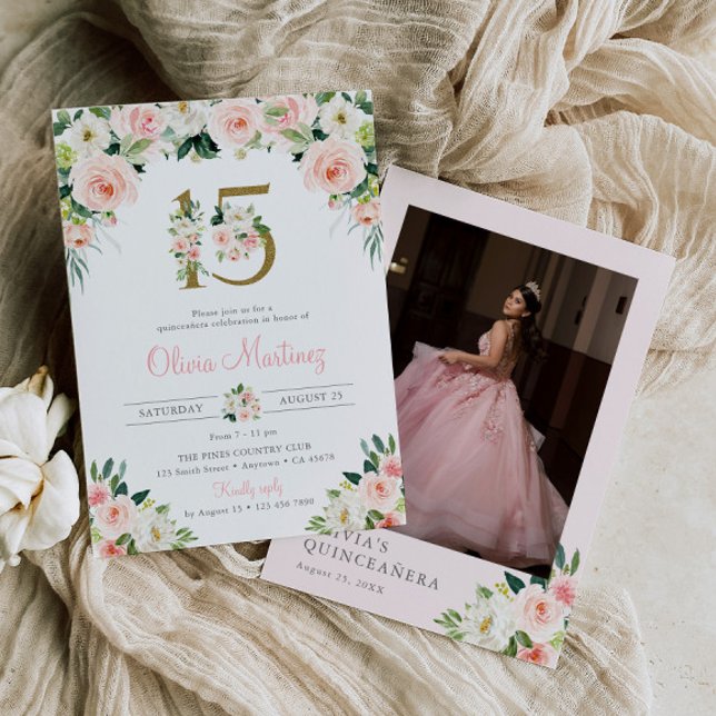 Rosa Quinceañera Birthday Investigation Photo Blom Inbjudningar (Skapare uppladdad)