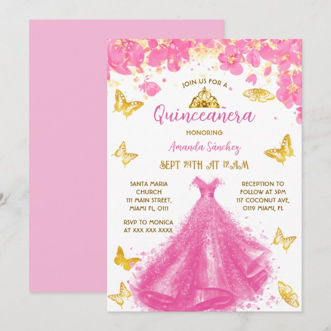 Rosa Quinceanera Blommig Prinsessklänning & Tiara Inbjudningar (Fram/baksida)