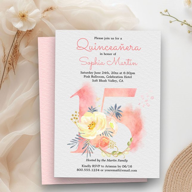  Rosa Quinceanera Blommigt nummer 15 Födelsedag Inbjudningar (Quinceanera Invitation from my Blush Pink Number 15 Quinceanera collection
)