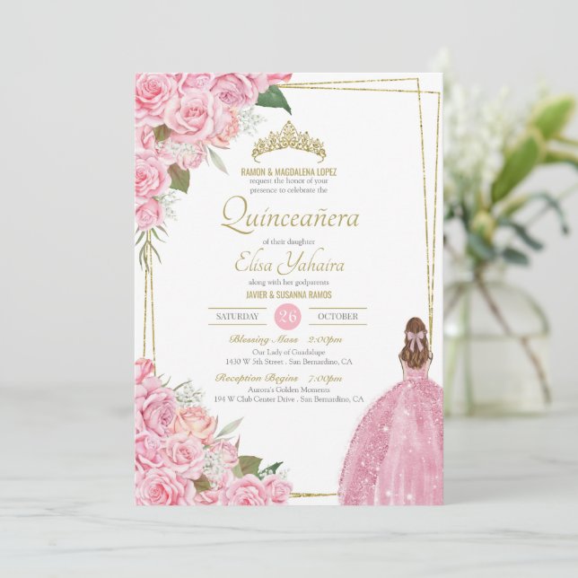 Rosa Quinceanera Blommigt Ro Quince Elegant Dress Inbjudningar (Stående Fram)