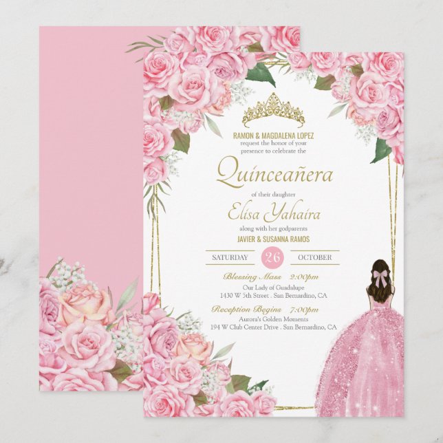 Rosa Quinceanera Blommigt Ro Quince Elegant Gown Inbjudningar (Fram/baksida)