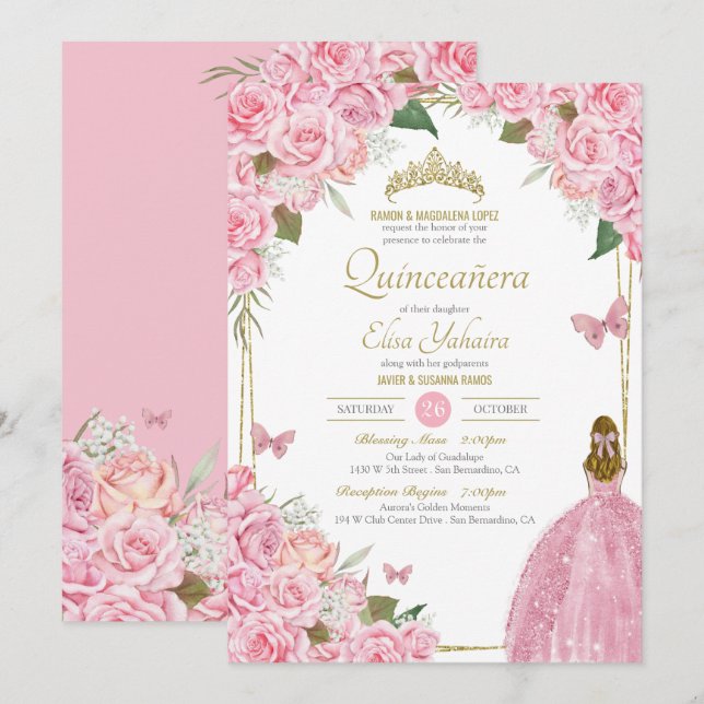 Rosa Quinceanera Blommigt Ro Quince Gown Butterfly Inbjudningar (Fram/baksida)