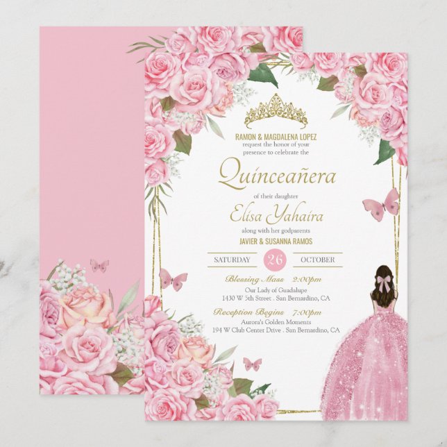 Rosa Quinceanera Blommigt Ro Quince Gown Butterfly Inbjudningar (Fram/baksida)