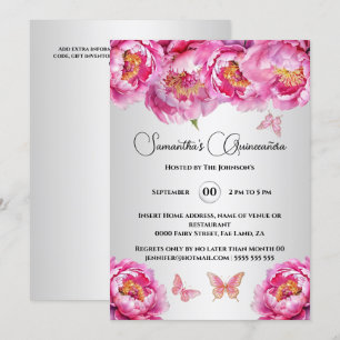 Rosa Quinceañera butterfly peony blommigt blommor Inbjudningar