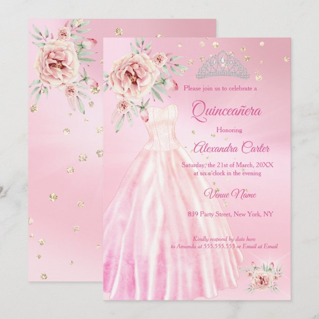 Rosa Quinceanera Dress Tiara Blommigt Födelsedagsf Inbjudningar (Fram/baksida)