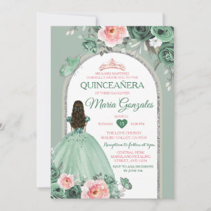 Rosa Quinceañera Dusty Grönt Krona Butterfly Inbjudningar