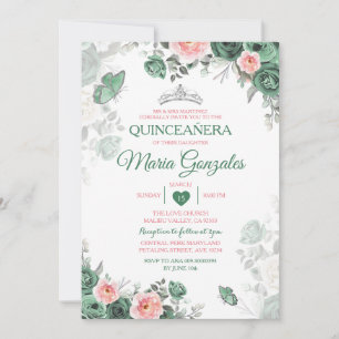 Rosa Quinceañera Dusty Grönt Krona Butterfly Inbjudningar