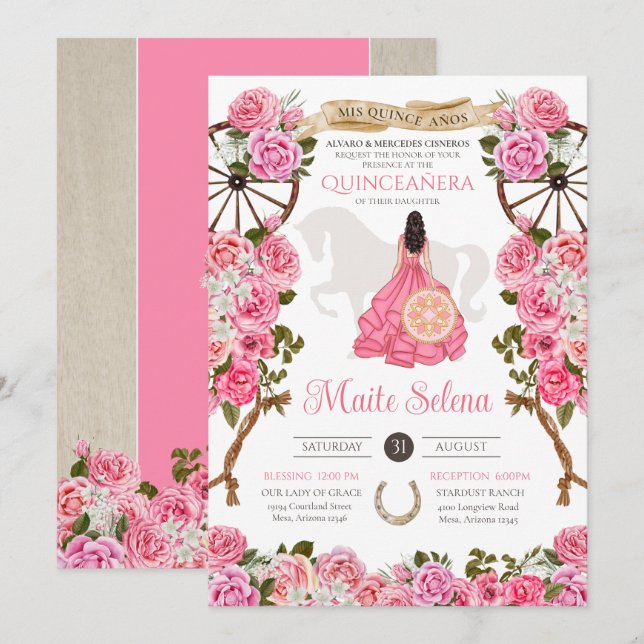 Rosa Quinceanera Elegant Ros Charro Födelsedag Inbjudningar (Fram/baksida)