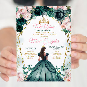 Rosa Quinceañera Emerald Grönt Guld Krona Blommigt Inbjudningar