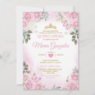Rosa Quinceañera Guld Krona Mexikanska fjäril Inbjudningar
