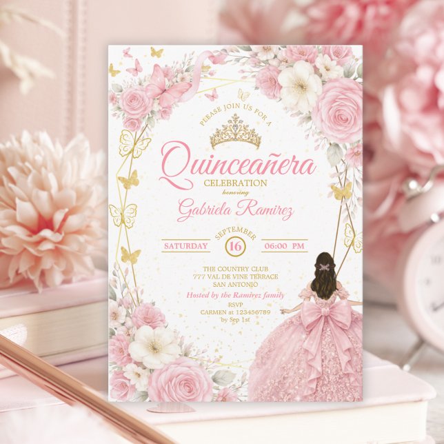 Rosa Quinceañera Guldtiara Fjäril Inbjudningar (Skapare uppladdad)