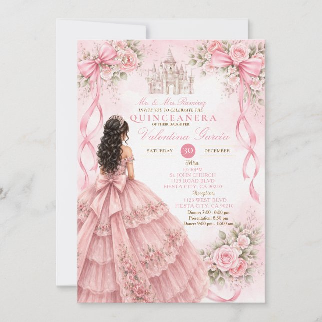 Rosa Quinceañera-inbjudan med Bow Inbjudningar (Framsida)