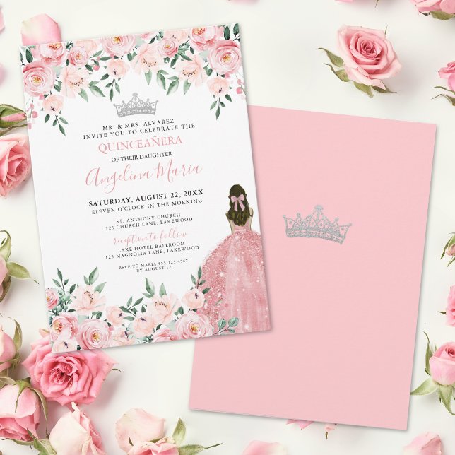 Rosa Quinceanera-inbjudan med rodnad ansiktsfärg Inbjudningar (Blush Pink Quinceanera Invitation)