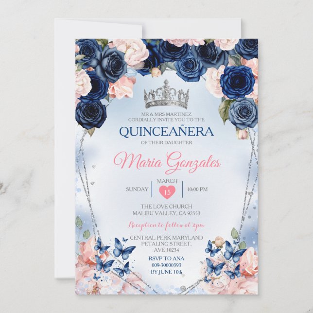 Rosa Quinceañera Krona Navy Butterfly 15 Anos Inbjudningar (Framsida)
