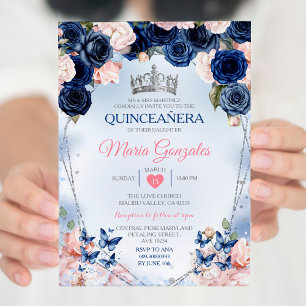 Rosa Quinceañera Krona Navy Butterfly 15 Anos Inbjudningar