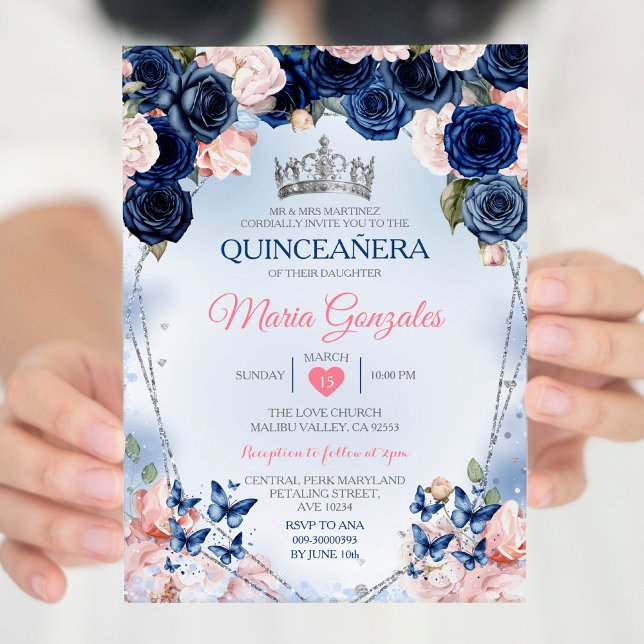 Rosa Quinceañera Krona Navy Butterfly 15 Anos Inbjudningar (Skapare uppladdad)