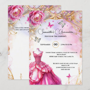 Rosa Quinceañera peony ballgown elegant Inbjudningar