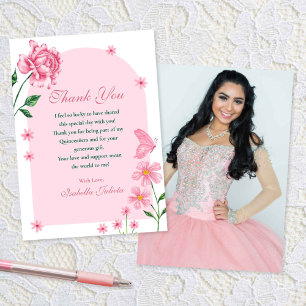 Rosa Quinceañera Ro och Butterflies Photo Tack Kort