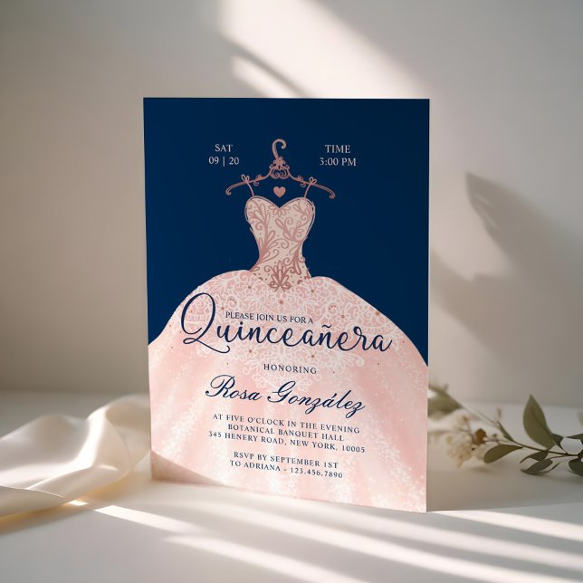  Rosa Quinceañera Roya Gown Navy Blue Inbjudningar (Blush Pink Quinceañera Roya Gown Navy Blue Invitation)