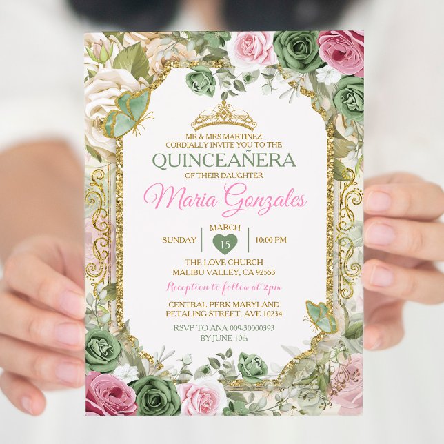 Rosa Quinceañera Sage Grönt Guld Krona Butterfly Inbjudningar (Skapare uppladdad)