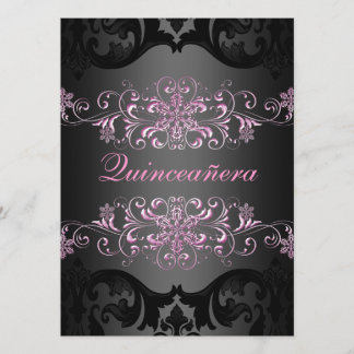 Rosa Quinceañera Snö Flake Damask Birthday Inbjuda Inbjudningar