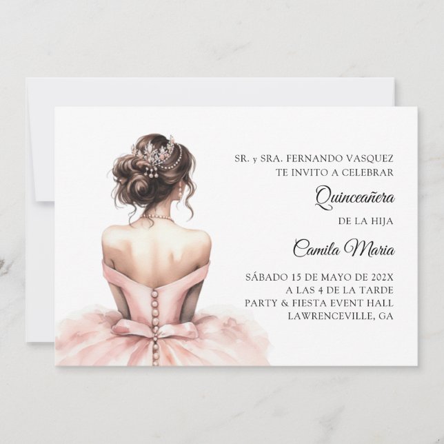 Rosa Quinceañera Spansk inbjudan (Framsida)