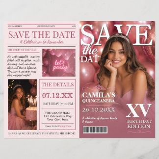 Rosa Quinceanera Tidskriftsstil Spara Datum Reklamblad