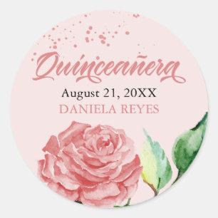 Rosa Quinceanera Watercolor Ro Bloom Anpassningsba Runt Klistermärke